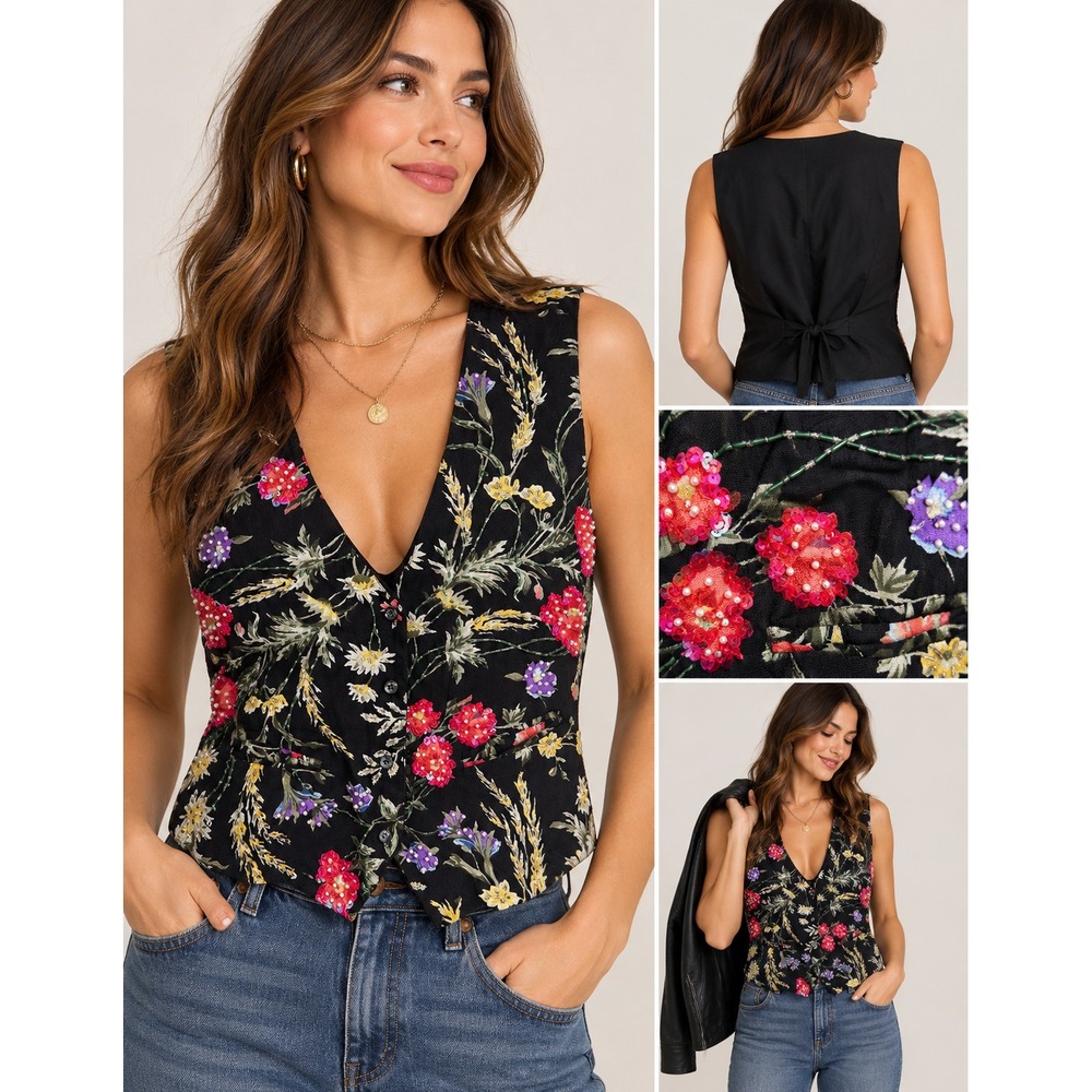 Vintage 90s Black Floral Beaded Vest L Whimsigoth Maximalist Sequin Glam Rock